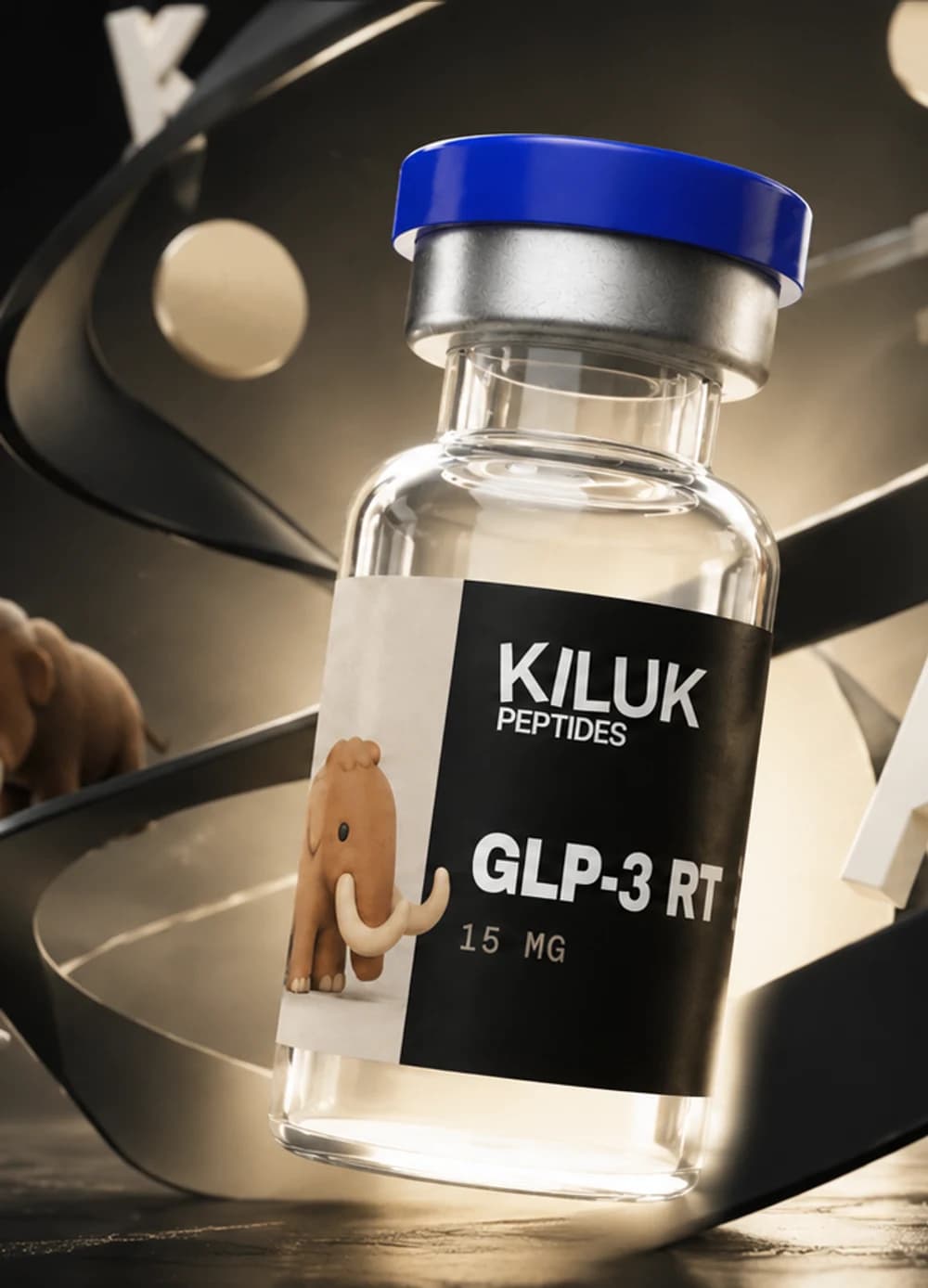 KILUK Peptides Vial GLP-3 RT vor dunklem Hintergrund