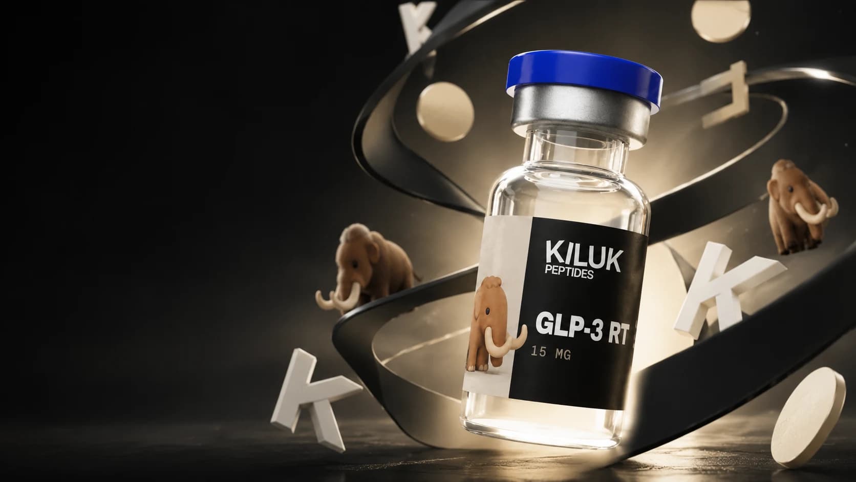 KILUK Peptides Vial GLP-3 RT vor dunklem Hintergrund
